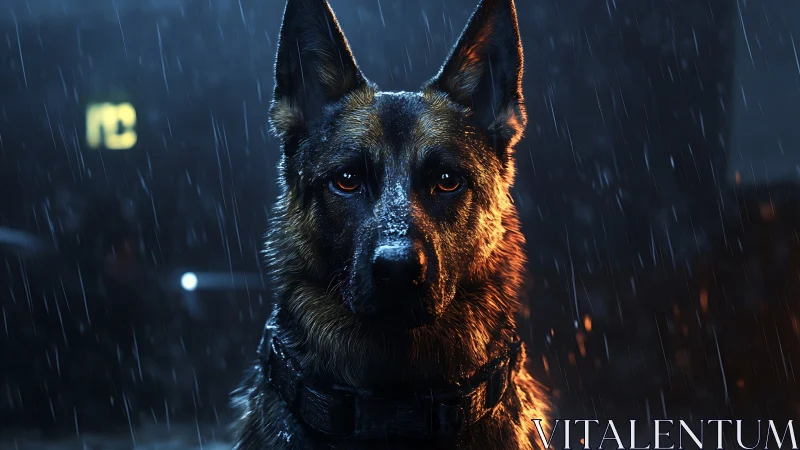 German shepherd dog portrait in rain at night time.