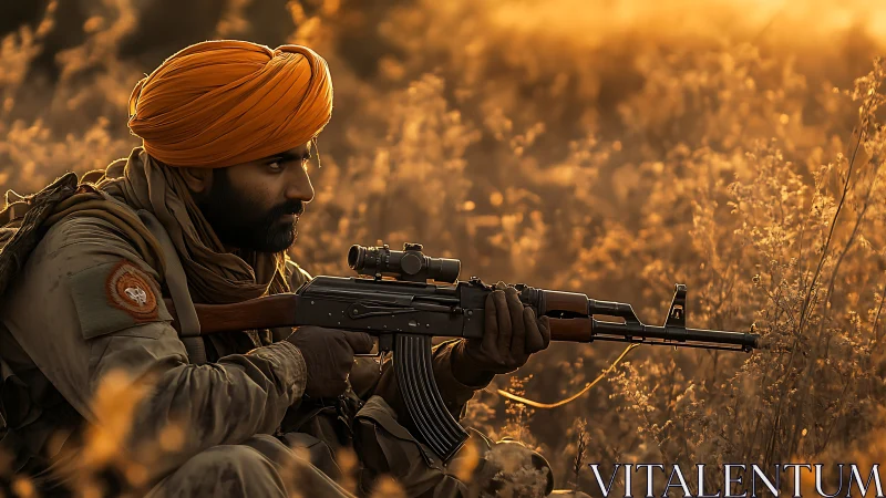 Golden hour quietly wraps a focused soldier in warm light