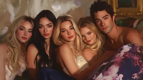 Soft-lit friends weave warmth into a painted twilight hush