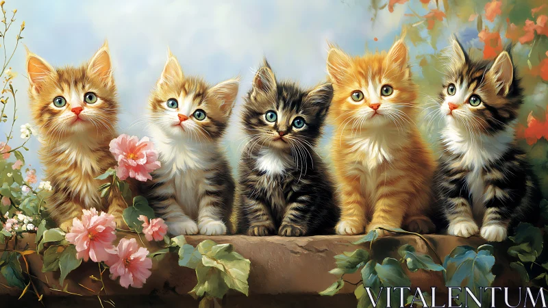 Five fluffy kittens with varied tabby, orange, and calico coat patterns arranged in linear compositi