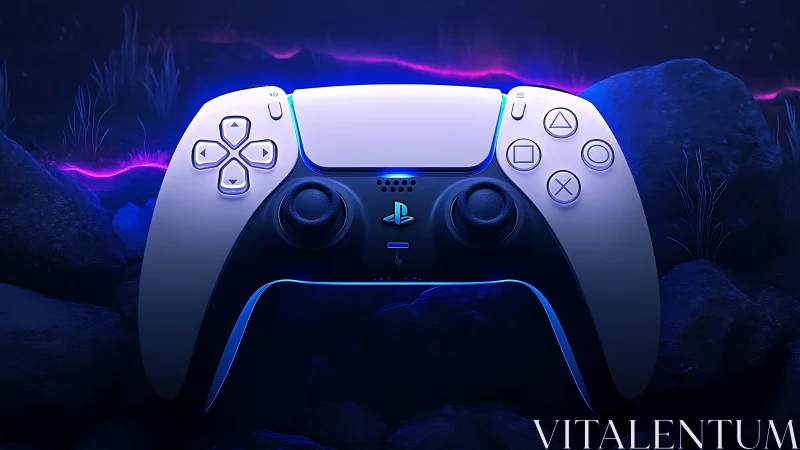 PlayStation 5 DualSense Controller with Neon Lighting in Ethereal Landscape