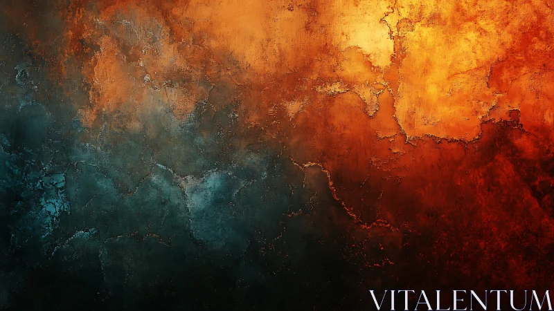 Fiery Orange and Deep Teal Abstract Texture on Grunge Wall.