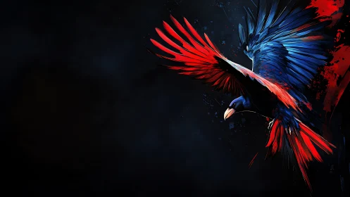 Vibrant Red and Blue Bird in Flight on Dark Artistic Background.