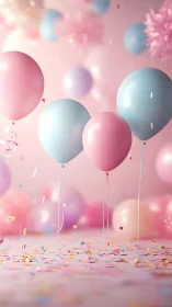 Pastel Balloons and Confetti in Soft Pink Celebration Space.