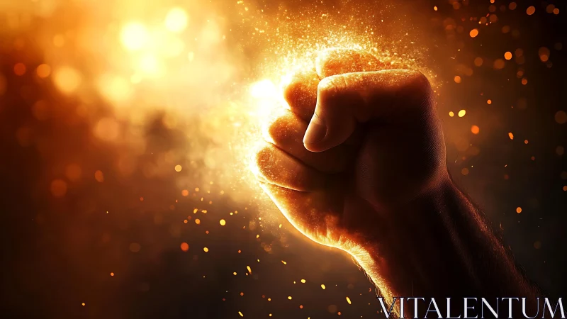 Clenched fist ignites in radiant particles and dynamic bokeh