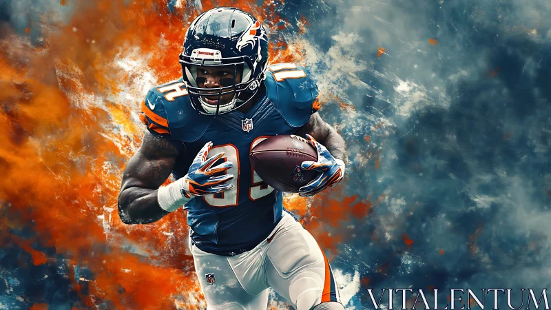 Explosive football runner charges forward through fiery clouds