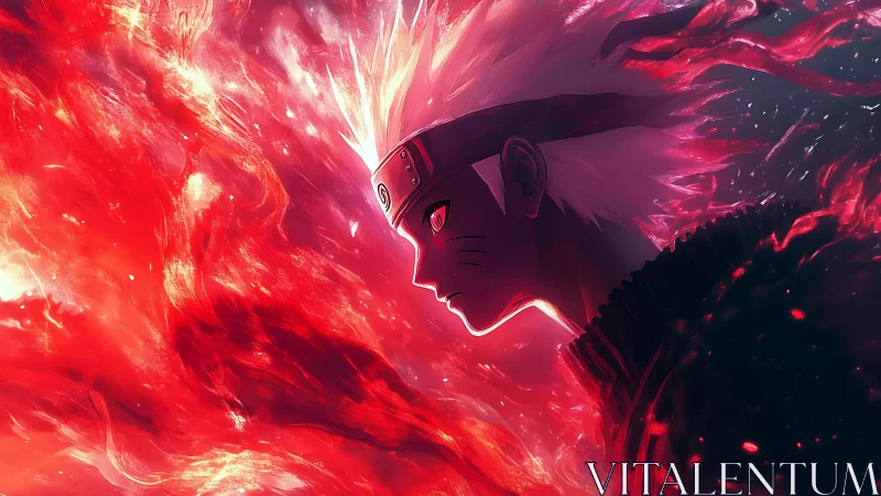 Fiery anime warrior gazes ahead with fierce glowing resolve