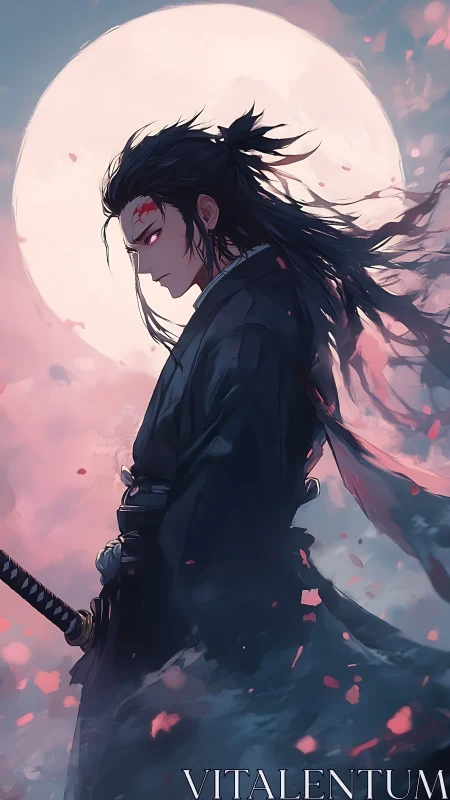 Moonlit swordsman in dynamic side profile with flowing garments