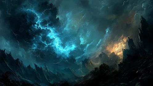 Stormlit fantasy sky pours lightning over jagged dark peaks