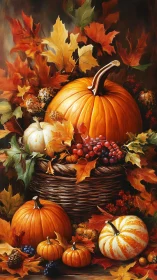 Pumpkins and autumn leaves arranged in warm seasonal still life.
