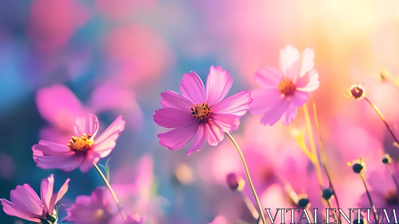 Pink Cosmos Flowers Dancing in Soft Golden Light.