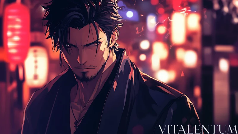 Brooding night ronin under neon lanterns of the city dusk.