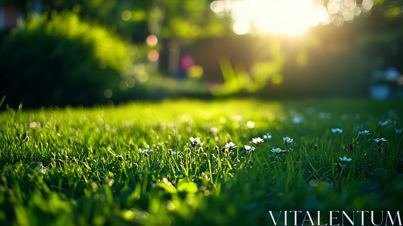 Backlit lawn daisies glow under warm golden sunset light.
