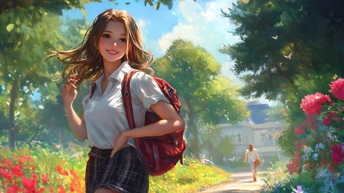 Smiling schoolgirl walking through bright garden path.