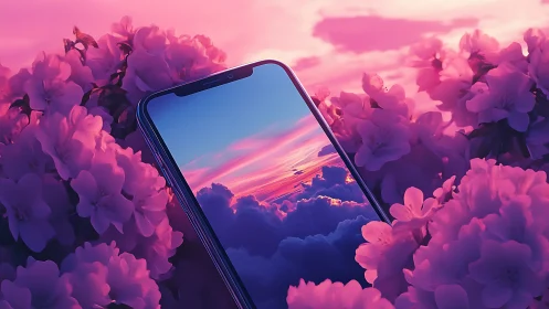 Digital Phone Floating Among Pink Floral Clouds at Sunset.