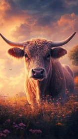 Sunlit highland cow stands calmly in a glowing meadow