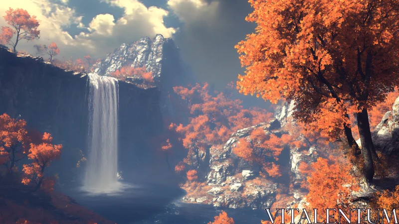 Golden autumn waterfall cascades into a serene misty gorge