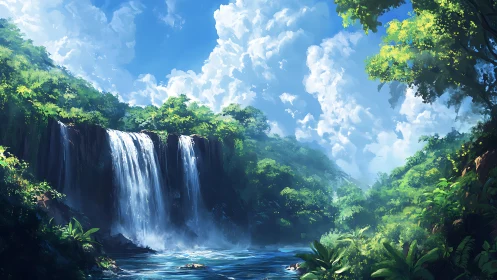 Luminous jungle waterfall panorama in digital painting style.