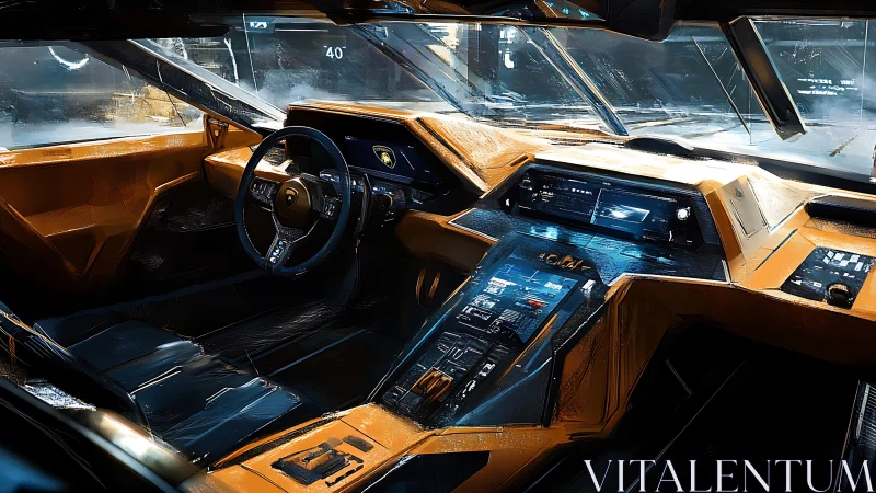 Futuristic sports car cockpit shows angular dashboard layout