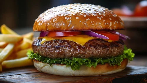 Gourmet cheeseburger with fries on rustic wooden table.
