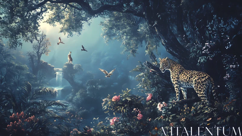Leopard Gazes Across Misty Jungle Sanctuary.