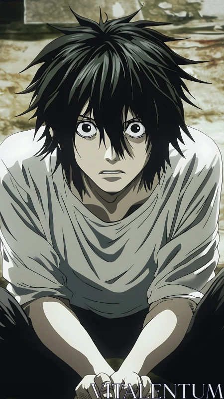 Thoughtful anime boy sitting lost in deep, quiet focus.