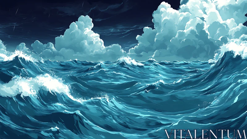 Rolling midnight waves under towering stormlit clouds.
