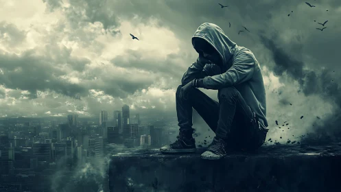 Hooded silhouette curls inward while a storm swallows the city