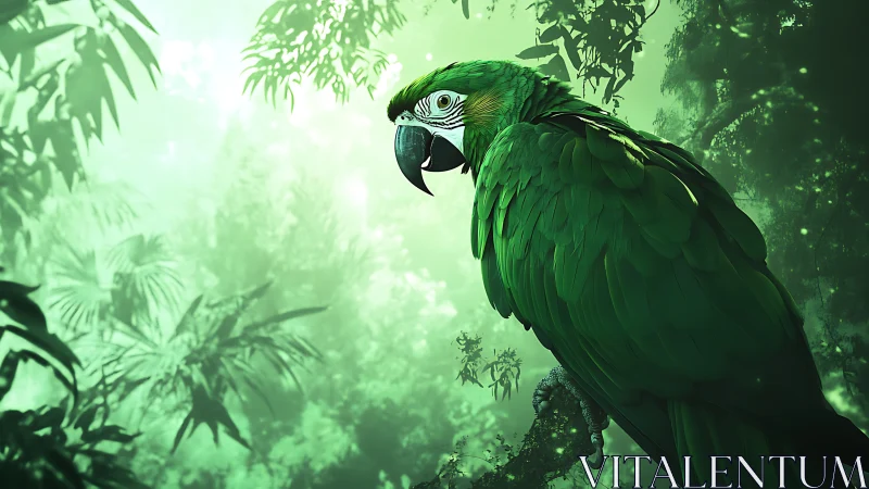 High-saturation digital macaw rendered in misty rainforest depth