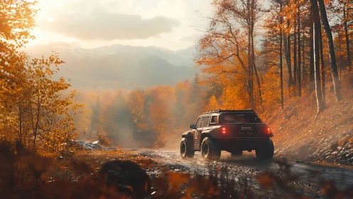 Off-road SUV powers through misty autumn forest trail.
