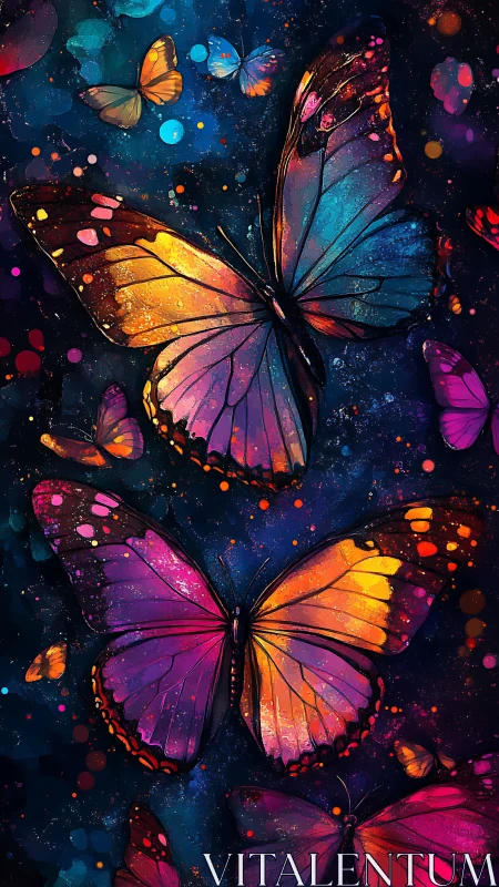Multiple digitally rendered butterflies occupy a dark space