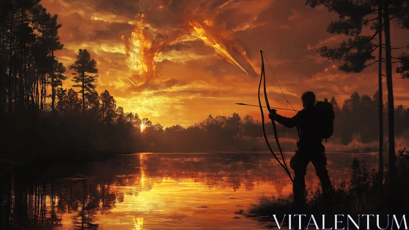 Archer Silhouette Against Fiery Meteor Sunset Lake Scene.