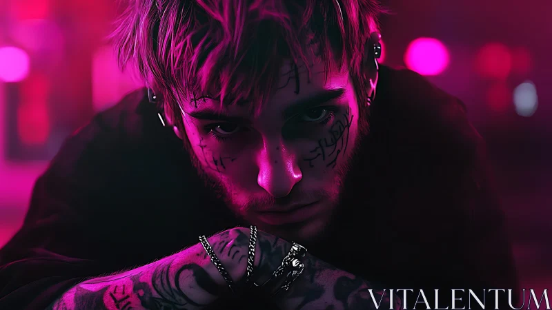 Tattooed young man in neon pink cyberpunk lighting.