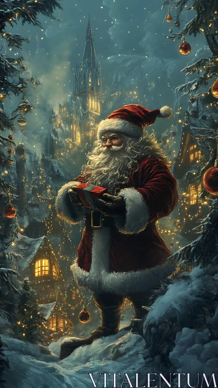 Santa stands in snowy village holding glowing red gift