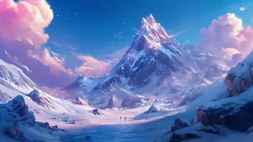 Mountain landscape shows snow-covered peak under clear sky