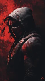 Hooded warrior stands shrouded in blood-red shadows of rage