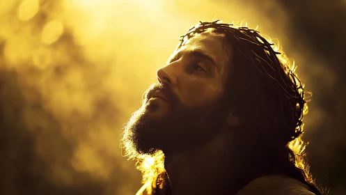 Man with thorn crown in golden backlit dramatic portrait.