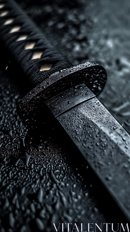 Macro study of rain-soaked katana blade and tsuka interface.
