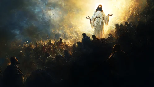 Radiant robed figure addresses shadowed crowd in golden aura.