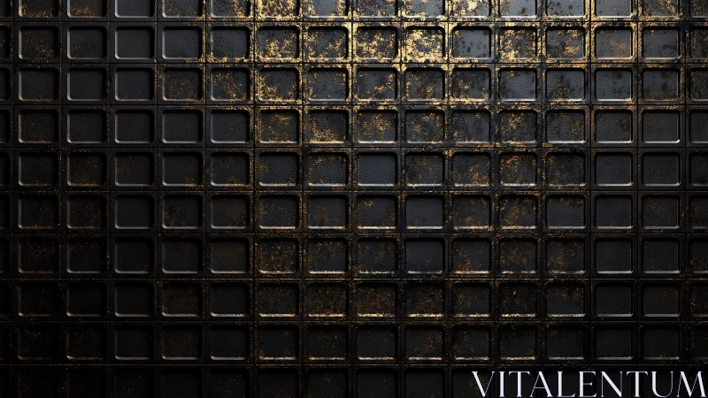 Textured black metal grid with distressed golden patina.