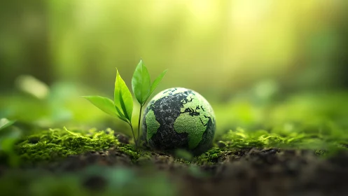 Earth globe with green plant sprout in natural forest setting, eco style.