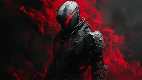 Crimson shadow sentinel in futuristic battle armor stands poised.