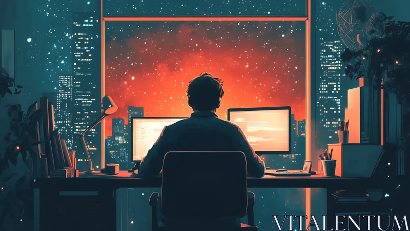 Midnight coder gazes into a cosmic neon city window.
