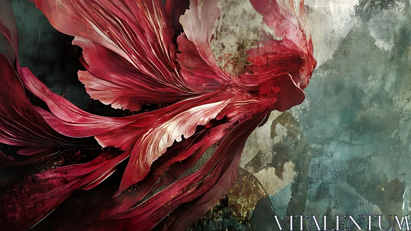 Crimson betta fish dissolves into abstract textured currents