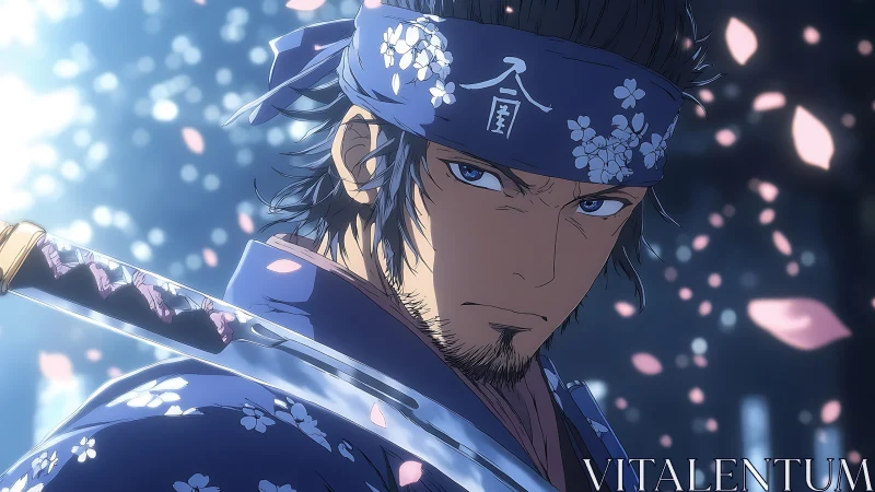 Samurai warrior under sakura bokeh with steely blue gaze.