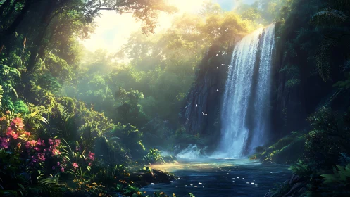 Radiant rainforest cascade under volumetric dawn light.