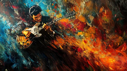 Guitarist bends electric solo amid swirling fiery colors