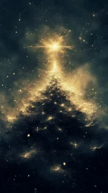 Stellar tree silhouette glows under radiant cosmic halo.