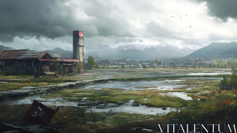 Post-apocalyptic wetland outpost with distant alpine cityscape.
