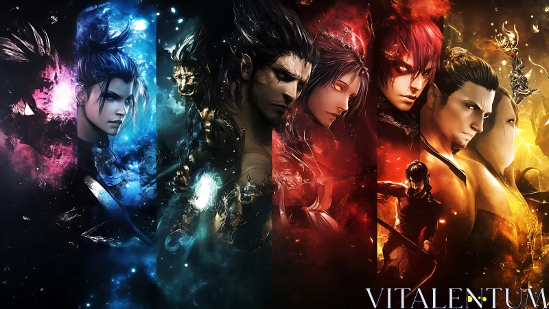 Elemental warriors clash in glowing cosmic battle panorama.